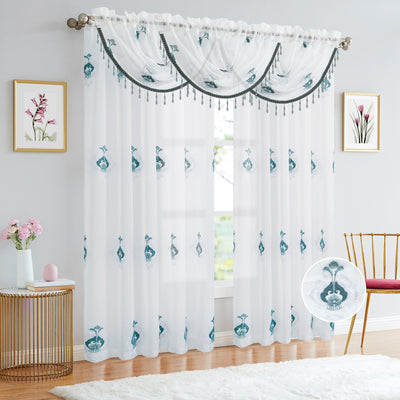 18 of 18:Lourdes Damask Embroidered Sheer Rod Pocket Window Panel And Valance Treatments 