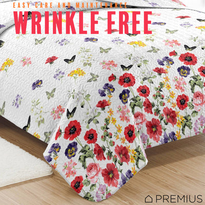3 of 10:PREMIUS Butterfly 3 Piece Microfiber Wrinkle-Free Quilt Set, White-Multi 