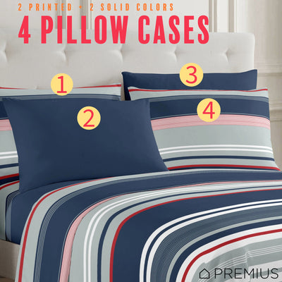 4 of 28:PREMIUS Mateo Soft Wrinkle-Free Microfiber Sheet Set, Blue-Multi-Striped 