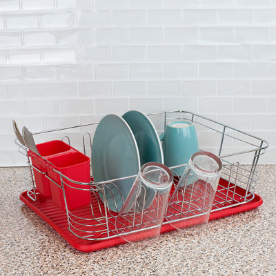 4 of 4:Home Basics Estante para platos de plástico y acero cromado, 3 piezas, color rojo 