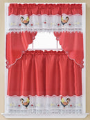1 of 1:Rooster 3-Piece Embroidered Kitchen Curtain Set, Red, Tier 30x36, Valance 60x36 Inches 