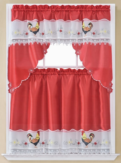 1 of 1:Rooster 3-Piece Embroidered Kitchen Curtain Set, Red, Tier 30x36, Valance 60x36 Inches 