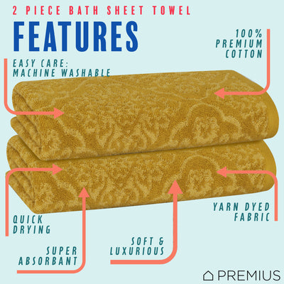 3 of 24:PREMIUS 2 Pack Damask 100% Cotton Yarn Dyed Bath Sheet Towel, 32x64 Inches 