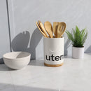 4 of 4:Porte-ustensiles en céramique Home Basics avec détails en bambou, blanc 