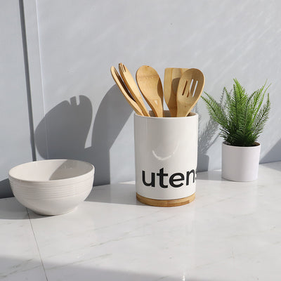 4 of 4:Porte-ustensiles en céramique Home Basics avec détails en bambou, blanc 