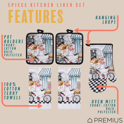 32 of 61:PREMIUS 5 Piece Printed Kitchen Linen Set, 2 Cotton Towels, 2 Pot Holders, 1 Oven Mitt 
