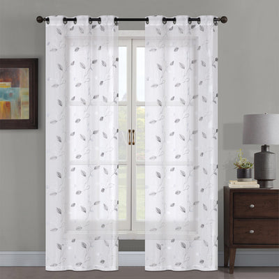 3 of 4:Mariam 2 Pack Metallic Embroidered Leaves Grommet Window Panel, 38x84 Inches Each 