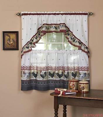 3 of 3:Rooster Printed Kitchen Curtain Tiers & Swag Set, 57x36 & 57x30 Inches 