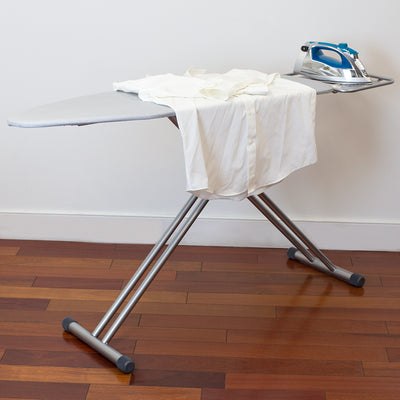 4 of 4:Tabla de planchar Sunbeam extra ancha con patas en T y soporte para plancha de metal incorporado, color plateado 