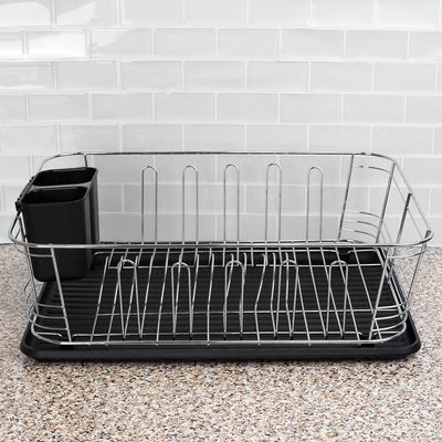 3 of 4:Home Basics 3 Piece  Chrome Plated Steel and Plastic Dish Rack, Black 