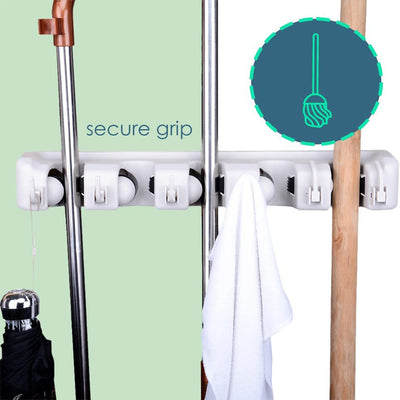 6 of 7:Home Basics - Organizador de escoba y fregona de plástico con 5 ranuras y 6 ganchos, color blanco 