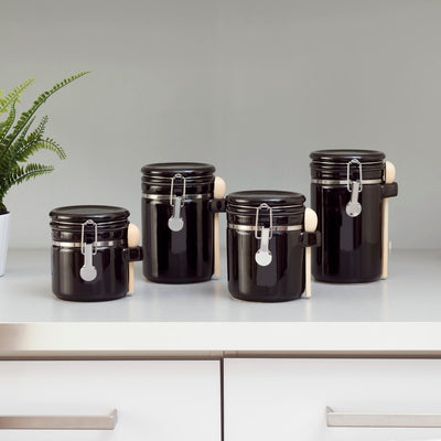 3 of 3:Ensemble de 4 boîtes en céramique Home Basics avec cuillère en bois, noir 