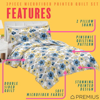 6 of 9:Ensemble de courtepointe infroissable en microfibre PREMIUS Eliana, 3 pièces, bleu-jaune 