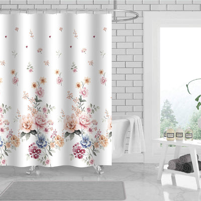 1 of 1:Adell Floral 13 Piece Canvas Shower Curtain with Hooks, White, 70x72 Inches 