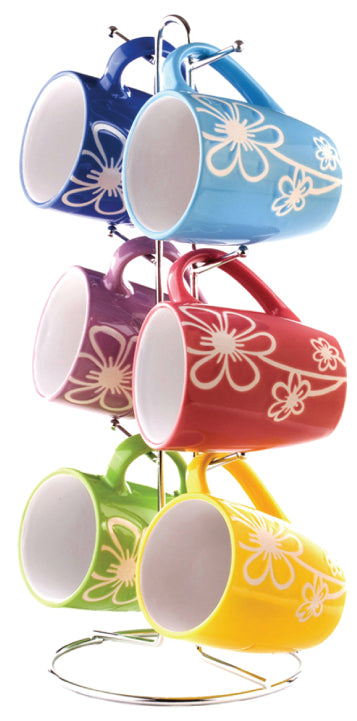 1 of 5:Ensemble de 6 tasses en céramique avec support Home Basics, motif marguerite, multicolore 