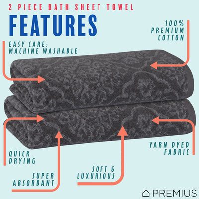 18 of 24:PREMIUS 2 Pack Damask 100% Cotton Yarn Dyed Bath Sheet Towel, 32x64 Inches 