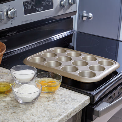 5 of 5:Home Basics Aurelia Non-Stick 12-Cup Carbon Steel Cookie Sheet, Gold 