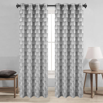 3 of 6:Noelle Checkered Geometric Jacquard Grommet Window Curtain Panel, 54x90 Inches 