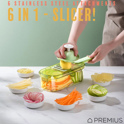 3 of 8:PREMIUS 6-In-1 Mandoline Slicer with Storage Bin and Handle, Green-Clear, 1.5 Quarts 