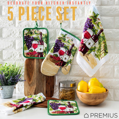 25 of 61:PREMIUS 5 Piece Printed Kitchen Linen Set, 2 Cotton Towels, 2 Pot Holders, 1 Oven Mitt 