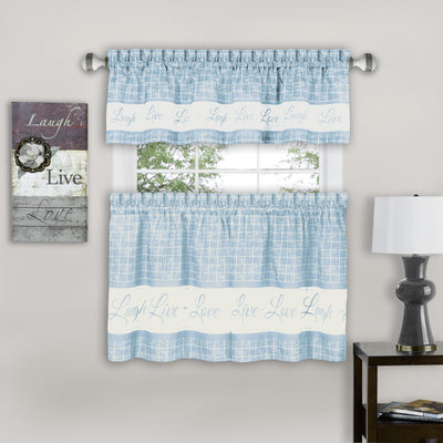 1 of 2:Live, Love, Laugh Window Curtain Tier Pair and Valance Set - 58x24 - Light Blue 