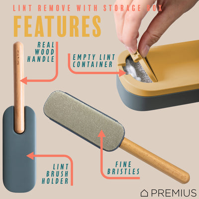 2 of 8:PREMIUS Fabric Lint Remover with Storage Case and Wood Handle, Blue-Yellow 