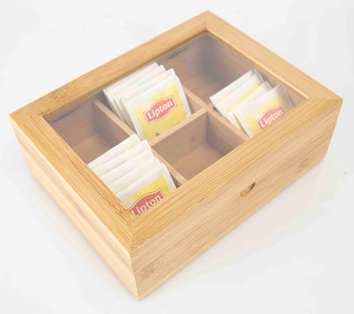 1 of 3:Home Basics 6  Compartment Bamboo Tea Bag and Coffee Accessories Storage Display Chest Organizer with Transparent Glass Lid, Natural 