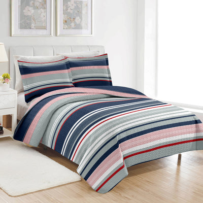 1 of 10:PREMIUS Mateo 3 Piece Microfiber Wrinkle-Free Quilt Set, Blue-Multi-Striped 