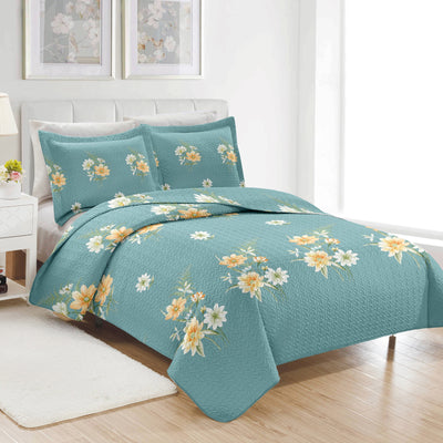 6 of 8:PREMIUS Lucea 3 Piece Microfiber Wrinkle-Free Quilt Set, Soft Blue 