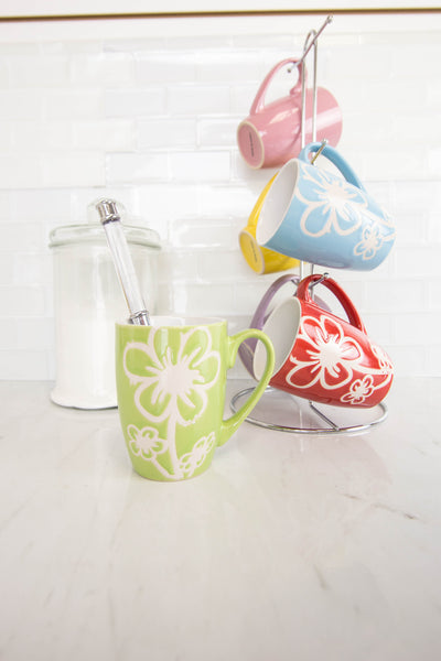 3 of 5:Ensemble de 6 tasses en céramique avec support Home Basics, motif marguerite, multicolore 
