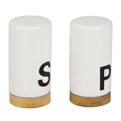 2 of 4:Ensemble salière et poivrière en céramique Home Basics avec accents en bambou, blanc 