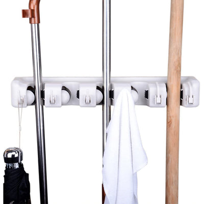 2 of 7:Home Basics - Organizador de escoba y fregona de plástico con 5 ranuras y 6 ganchos, color blanco 