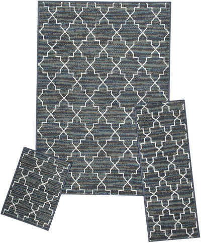 1 of 13:Capri 3-Piece Crosshatch Design Rug Set, Blue-Gray, 5x7 Feet 