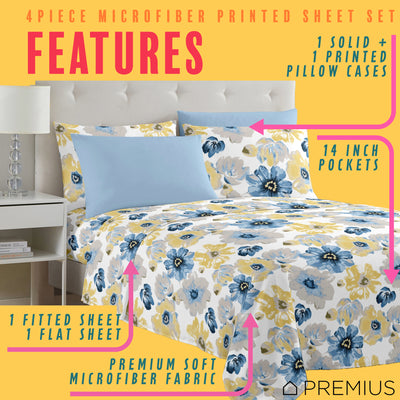 23 of 28:PREMIUS Eliana Soft Wrinkle-Free Microfiber Sheet Set, Blue-Yellow 