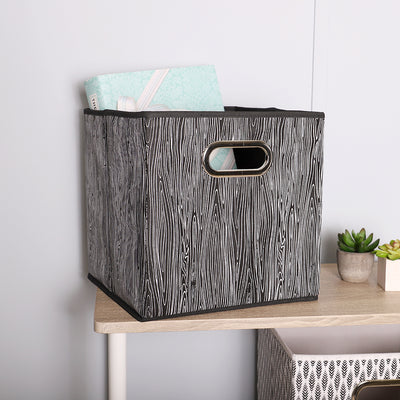 4 of 4:Bac de rangement pliable en tissu non tissé Home Basics, couleur bois, avec poignée à œillets, noir 