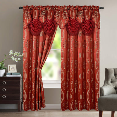 1 of 1:Aurora Tree Leaf Jacquard Window Panel with Attached Valance, Burgundy, 54x84 Inches 