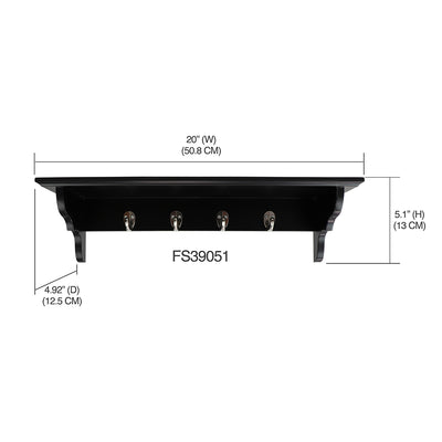 3 of 4:Home Basics Wood Floating Shelf with Key Hooks, Black 