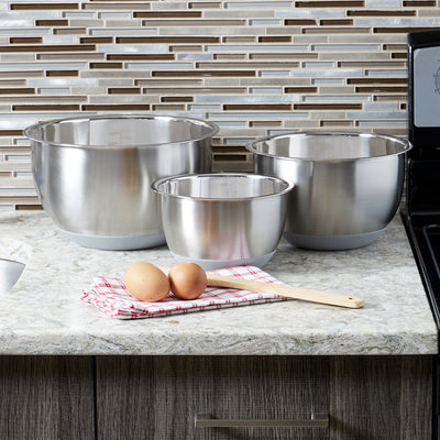 7 of 7:Home Basics 3 Piece Stainless Steel Nesting Mixing Bowls with Rubber Bottoms 