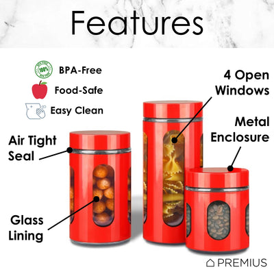 3 of 4:Premius Airtight 3-Piece Kitchen Glass Canister Set, Red 