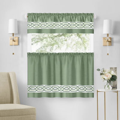 25 of 40:Paige Embroidered Kitchen Curtain and Valance Set, Tiers 55x36, Valance 55x13 Inches 