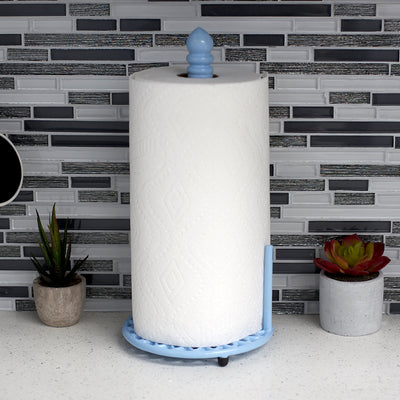 4 of 4:Porte-essuie-tout sur pied en fonte avec barre de distribution latérale, bleu, motif tournesol de Home Basics 