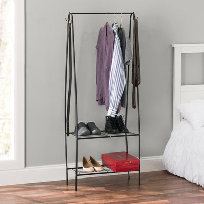 4 of 4:Home Basics Perchero independiente de 2 estantes con ganchos, negro 