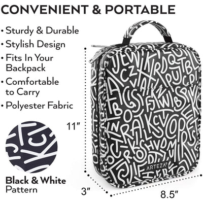 4 of 4:Arteza Estuche organizador, 64 ranuras elásticas, capacidad para 205 lápices, patrón blanco y negro 