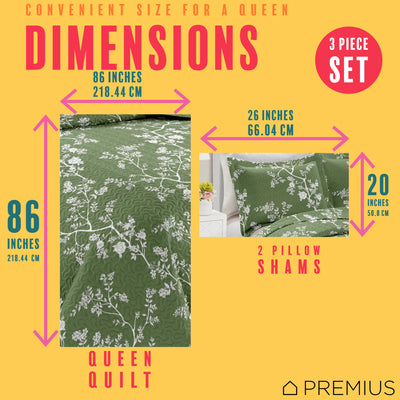 9 of 10:PREMIUS Fernando 3 Piece Microfiber Wrinkle-Free Quilt Set, Green-White 