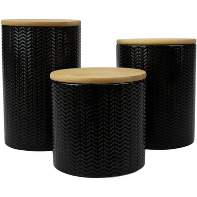 1 of 9:Home Basics 3 Piece Ceramic Canister Set with Bamboo Lids, Wave Black 
