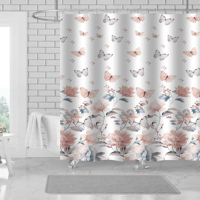 1 of 1:Rideau de douche Selin en toile à imprimé floral et papillon, 13 pièces, avec crochets, blanc, 178 x 183 cm 