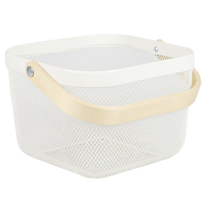 3 of 4:Home Basics Cesta de alambre de malla con mango de madera, color marfil 