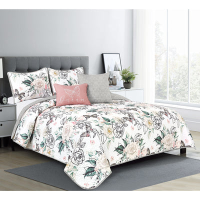 2 of 2:Charlize Floral Oversized 5 Piece Reversible Wrinkle-Free Quilt Set, Gray-Multi 