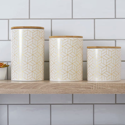 6 of 7:Ensemble de 3 boîtes en céramique Home Basics Cubix avec couvercle en bambou, blanc 