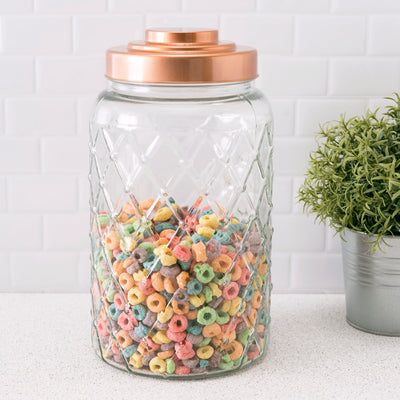 2 of 2:Home Basics Tarro de vidrio texturizado mediano con tapa de cobre hermética brillante 